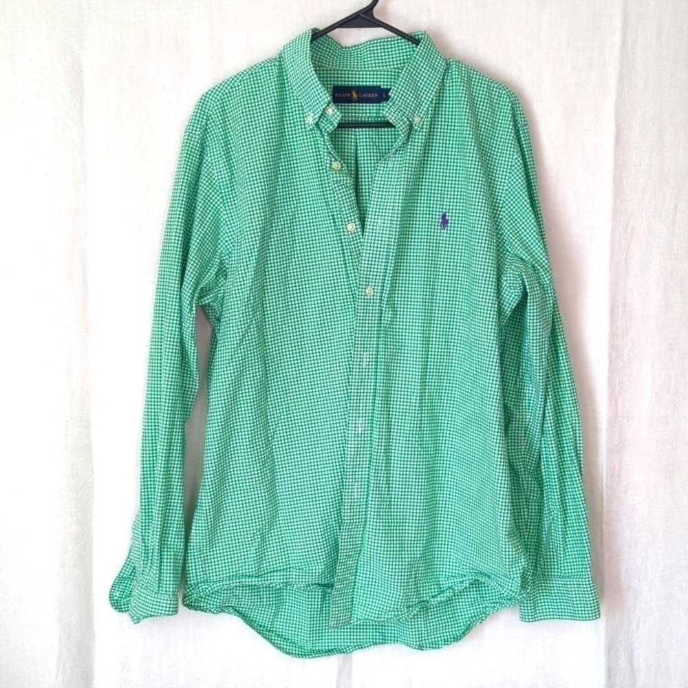Ralph Lauren Green White Gingham Plaid Long Sleeve Button Up Size Large